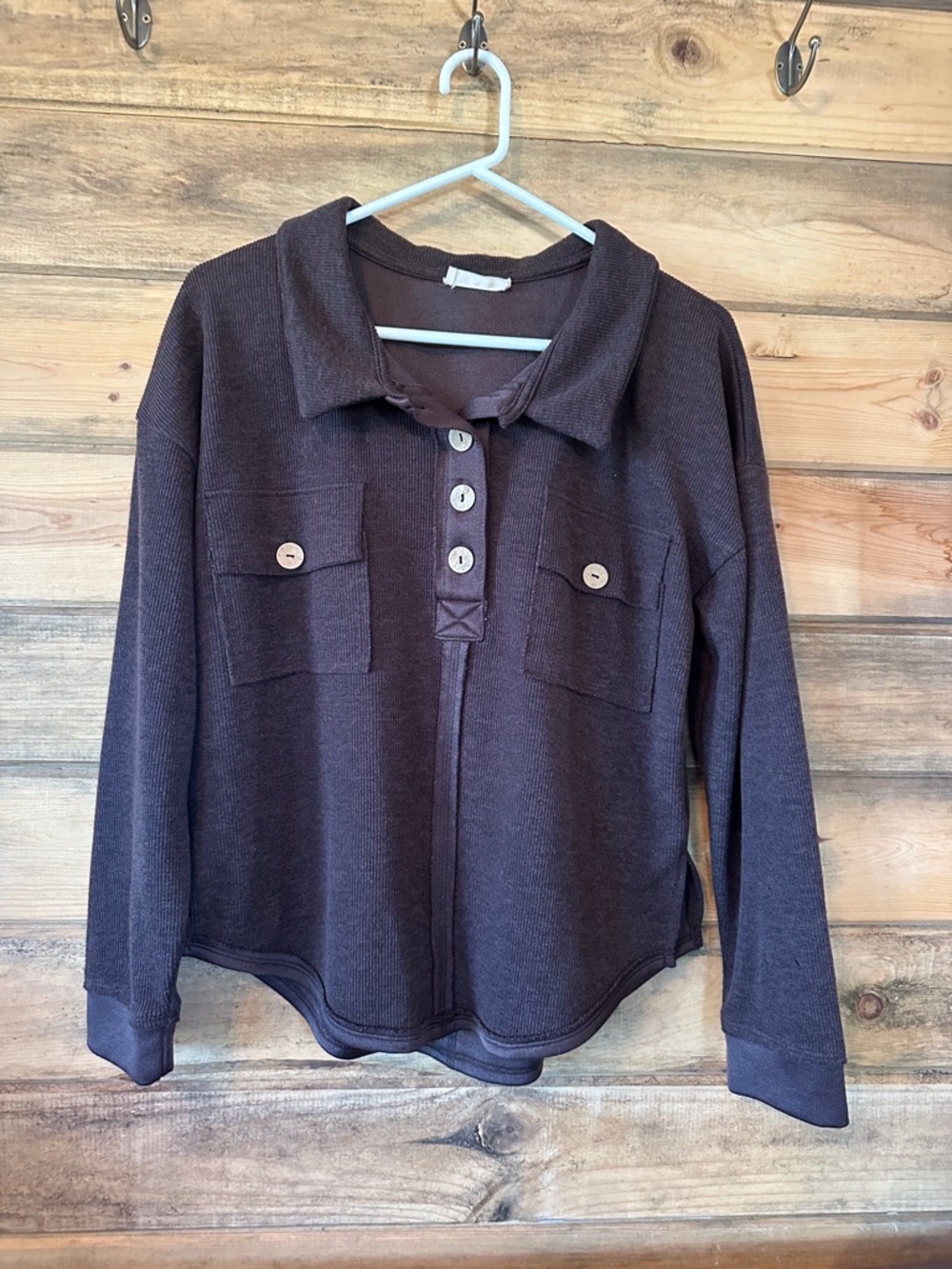 Relaxed Button-Placket Knit Top - Dark Brown